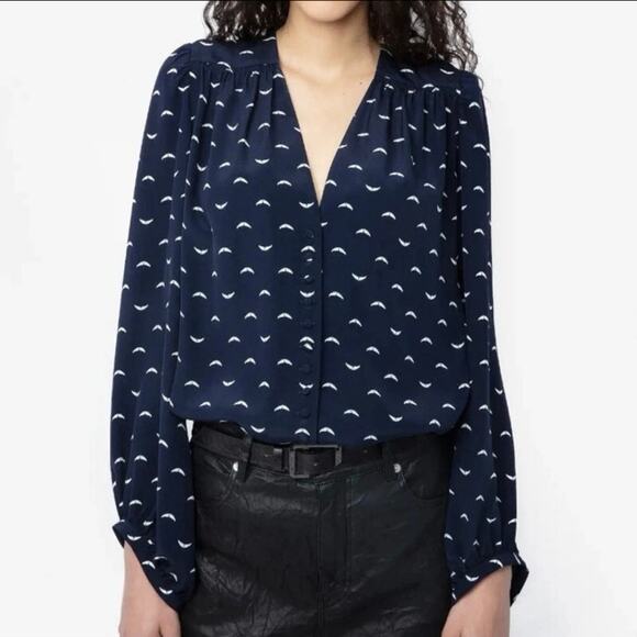 Zadig & Voltaire Womens Silk V-Neck Wing Print Long-Sleeved Blouse Top Small - Picture 1 of 11